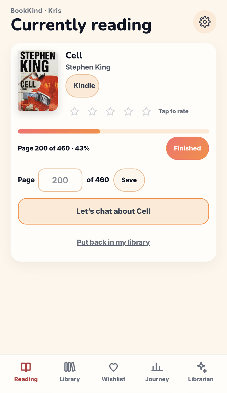 The BookKind Currently reading screen: Cell by Stephen King on Kindle, page 200 of 460 at 43%, with a Finished button and a Let's chat about Cell button.