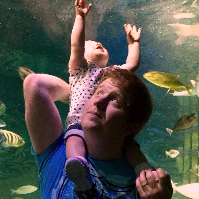 Kris at an aquarium with one of his children on his shoulders, both looking up at the fish.