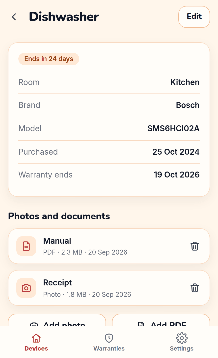 A HomeKind device screen for a Bosch dishwasher in the kitchen: warranty ending in 24 days, purchased 25 October 2024, with a manual PDF and a receipt photo attached.