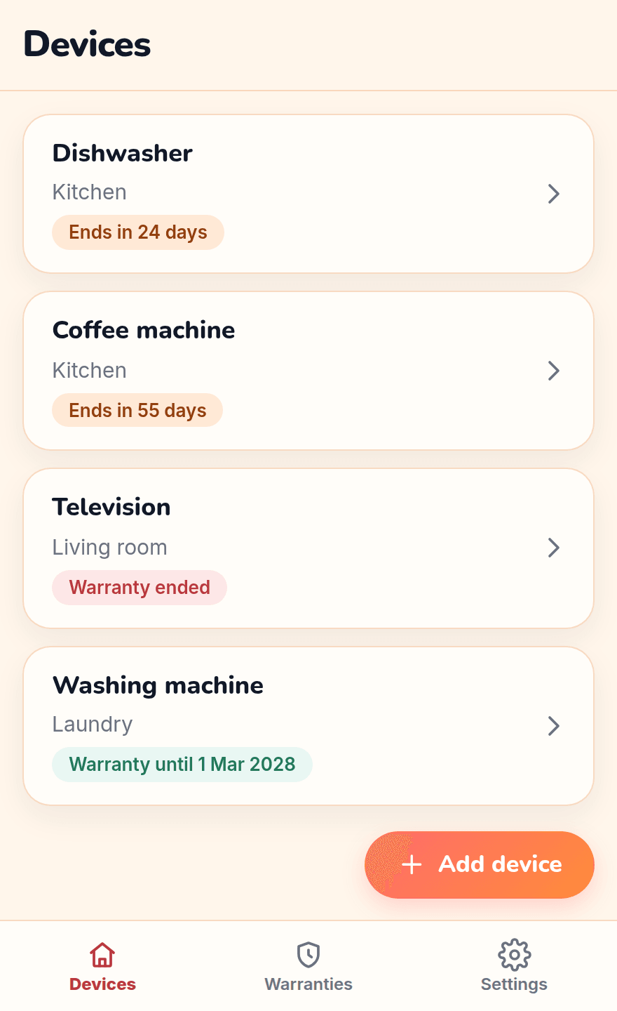 The HomeKind device list: a dishwasher and coffee machine with warranties ending in 24 and 55 days, a television whose warranty has ended, and a washing machine covered until 2028.