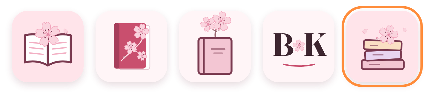 Five cherry-blossom app icons side by side: an open book with a blossom in the gutter, a deep pink hardback with a pressed sprig, a blossom sprig tucked into a closed book, the letters B and K with a blossom between them, and the chosen petal stack, outlined in orange.